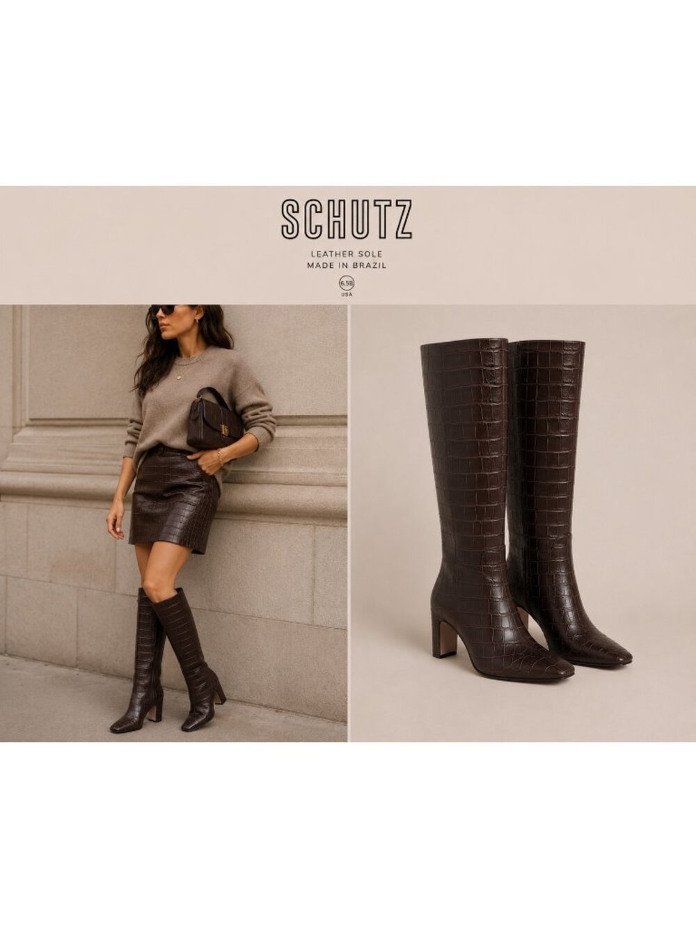 SCHUTZ Brown Croc Embossed Leather Knee High Boots Square Toe 6.5B Brazil